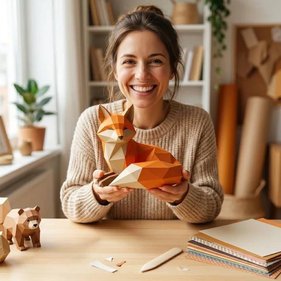 Happy maker holding her finished paper craft, new order on the phone